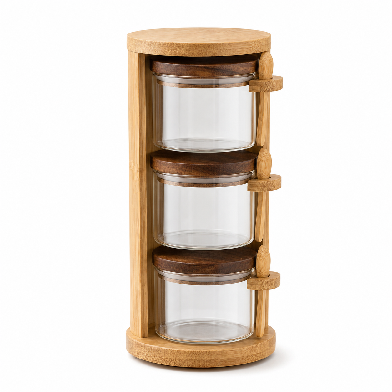*Yenzmam™ Bamboo Spice Jar Organizer Set with Glass Jars & Built-In Spoons*