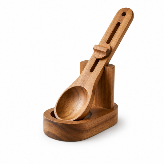 Yenzmamâ„¢ Adjustable Acacia Wood Spice Scoop with Stand