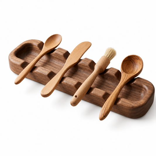 Yenzmamâ„¢ Natural Walnut Wood 4-Slot Utensil Rest for Kitchen Counter*