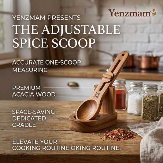 Yenzmam™ Adjustable Acacia Wood Spice Scoop with Stand