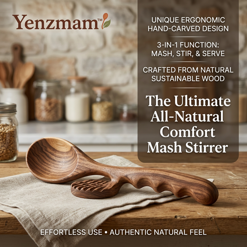 Yenzmam™ Ergonomic Wooden Mash Stirrer – 3-in-1 Masher, Stirrer & Serving Spoon