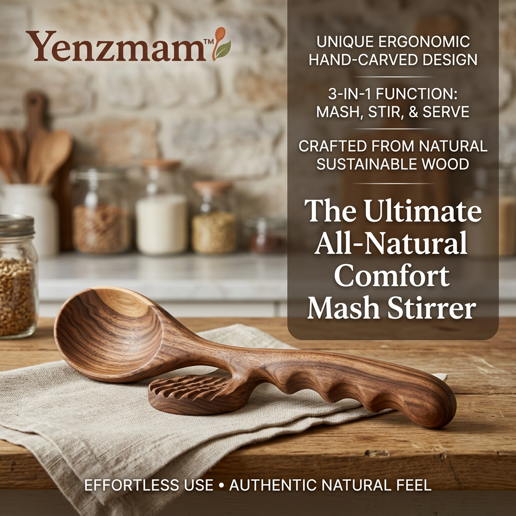 Yenzmam™ Ergonomic Wooden Mash Stirrer – 3-in-1 Masher, Stirrer & Serving Spoon