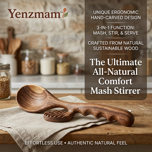 Yenzmam™ Ergonomic Wooden Mash Stirrer – 3-in-1 Masher, Stirrer & Serving Spoon