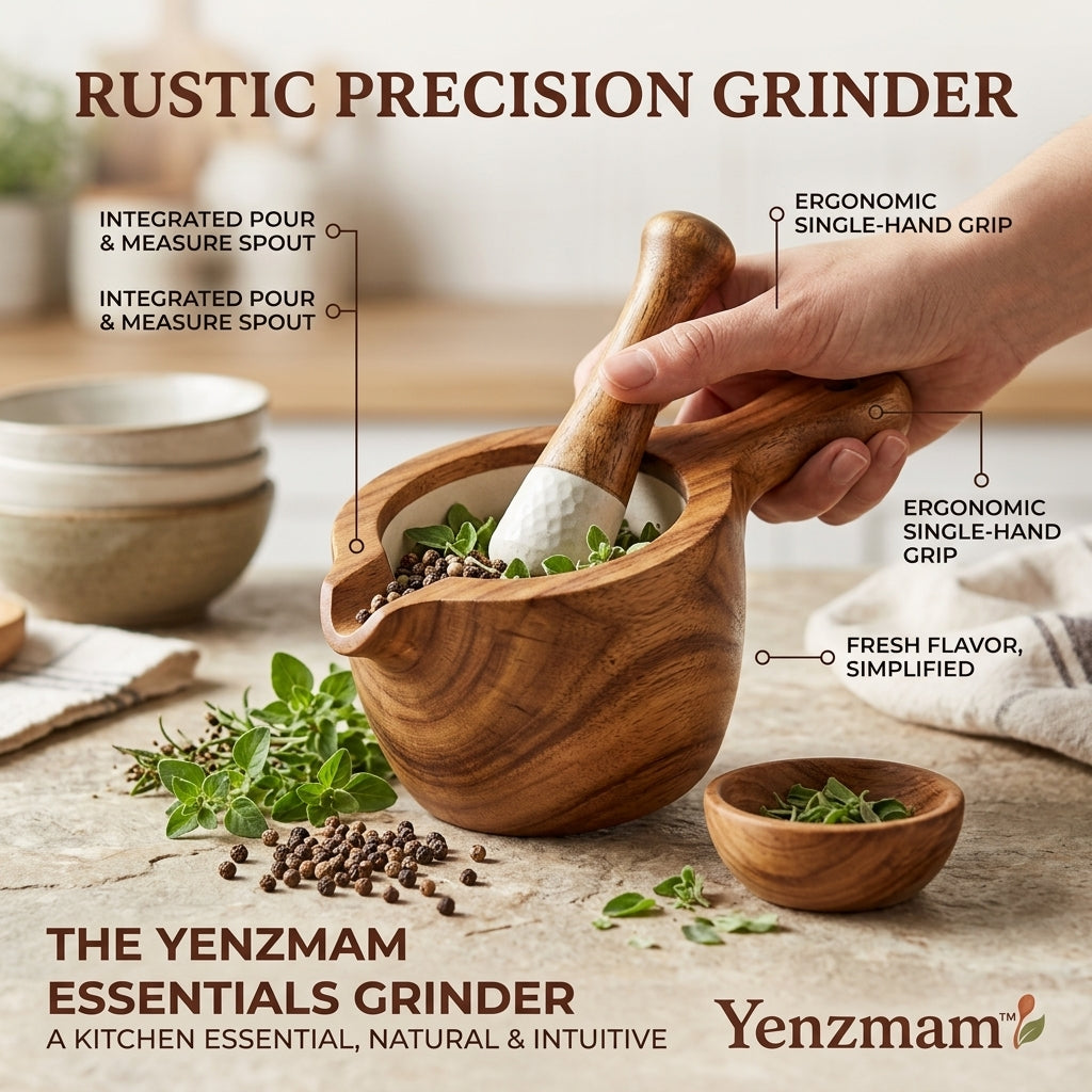 Yenzmam™ Rustic Wooden Mortar & Pestle Grinder with Pour Spout