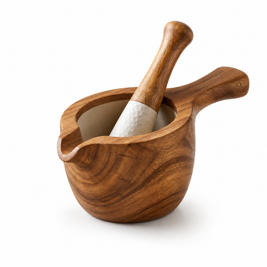 Yenzmam™ Rustic Wooden Mortar & Pestle Grinder with Pour Spout