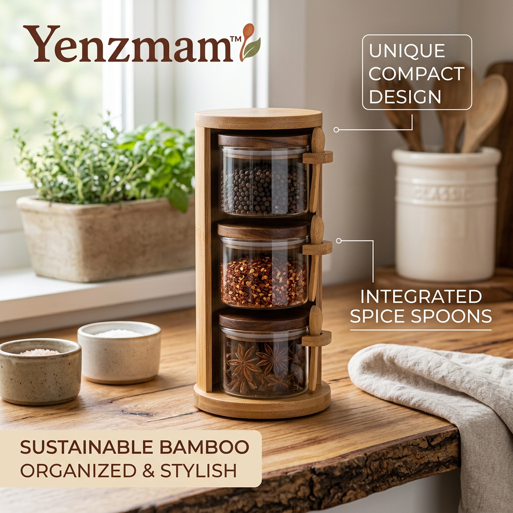 *Yenzmam™ Bamboo Spice Jar Organizer Set with Glass Jars & Built-In Spoons*