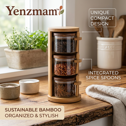 *Yenzmam™ Bamboo Spice Jar Organizer Set with Glass Jars & Built-In Spoons*