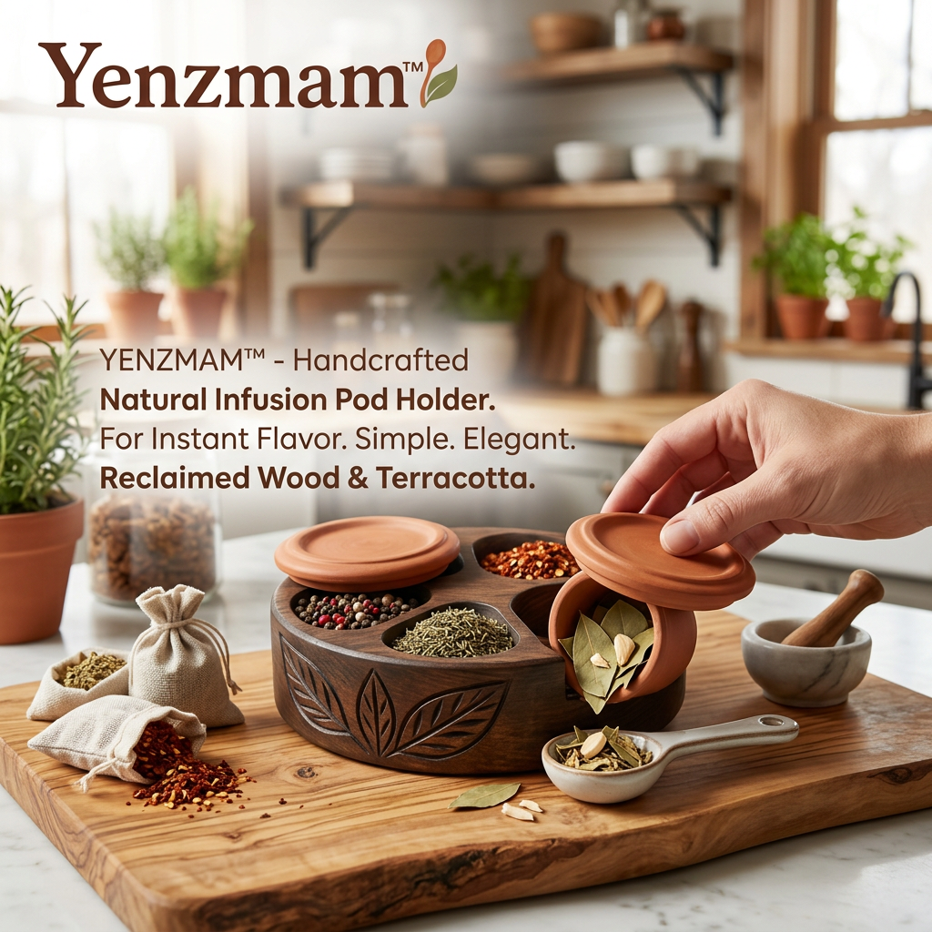 *Yenzmam™ Handcrafted Natural Infusion Pod Holder – Reclaimed Wood & Terracotta Spice Organizer*