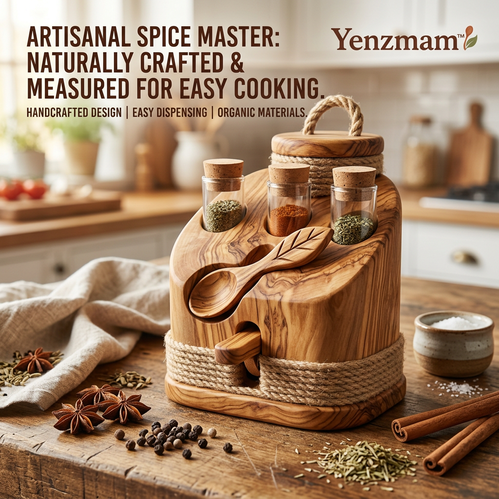 *Yenzmam™ Artisanal Wooden Spice Organizer Set with Glass Jars & Measuring Spoon*