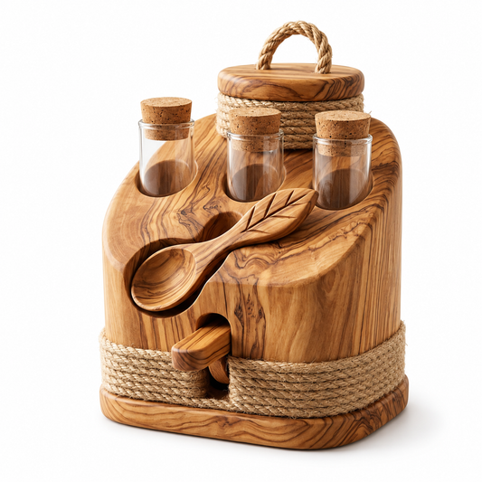 *Yenzmam™ Artisanal Wooden Spice Organizer Set with Glass Jars & Measuring Spoon*