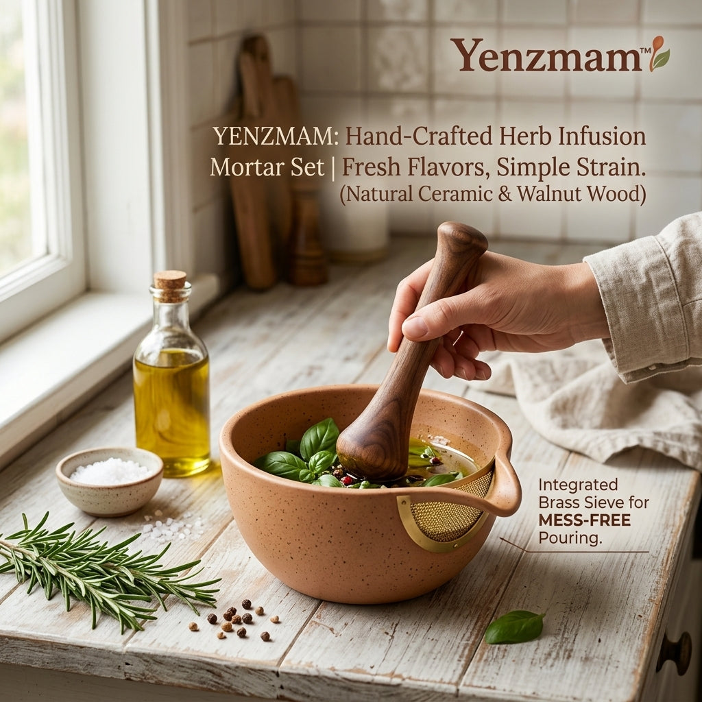 Yenzmam™ Herb Infusion Mortar & Pestle Set with Built-In Brass Sieve