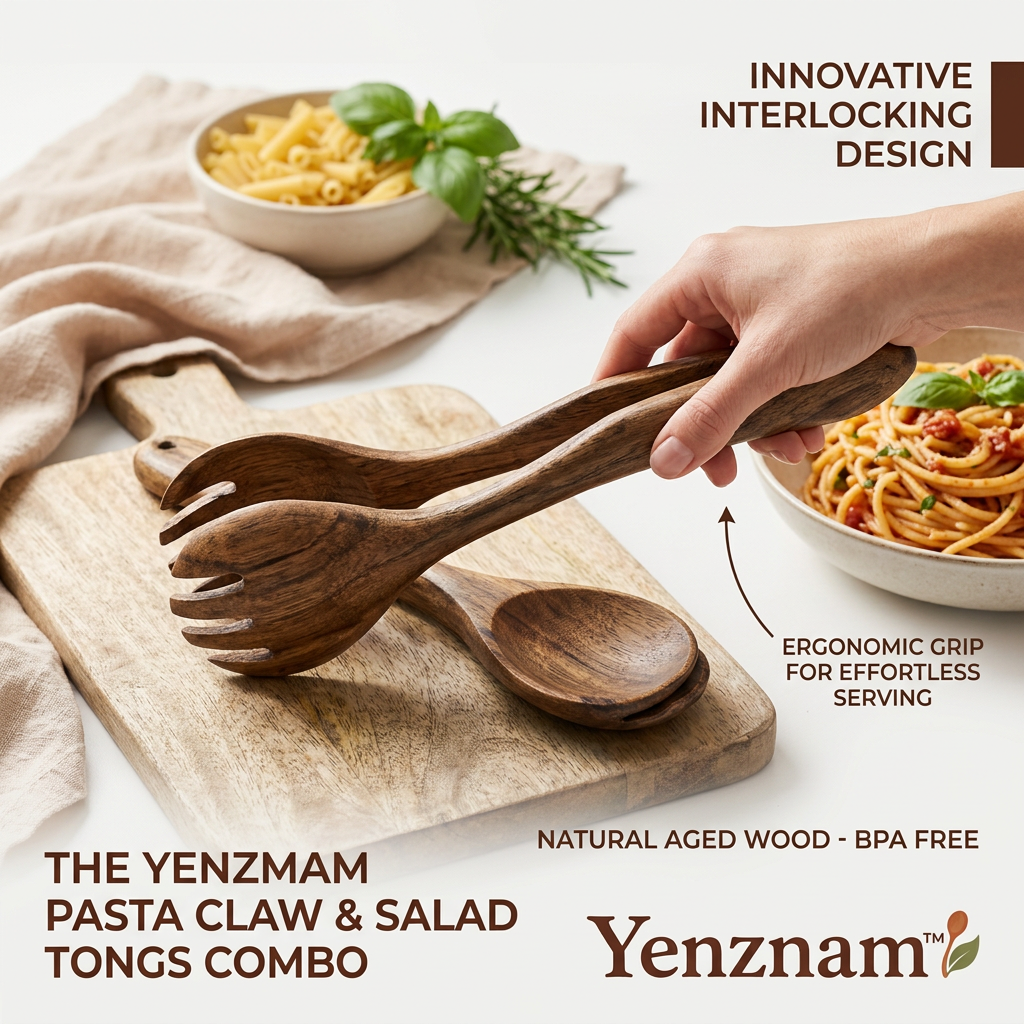 Yenzmam™ Wooden Pasta Claw & Salad Tongs Combo