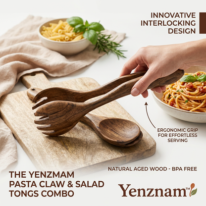 Yenzmam™ Wooden Pasta Claw & Salad Tongs Combo