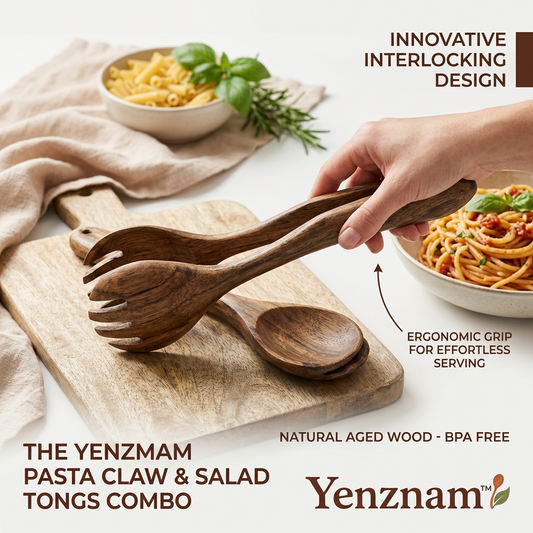 Yenzmam™ Wooden Pasta Claw & Salad Tongs Combo