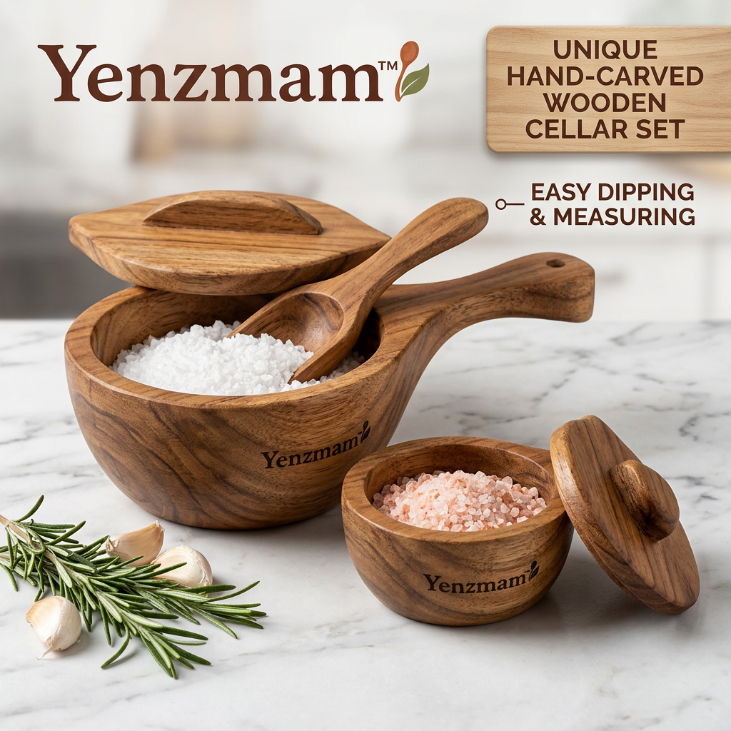 Yenzmam™ Hand-Carved Wooden Salt Cellar Set with Spoon & Lid