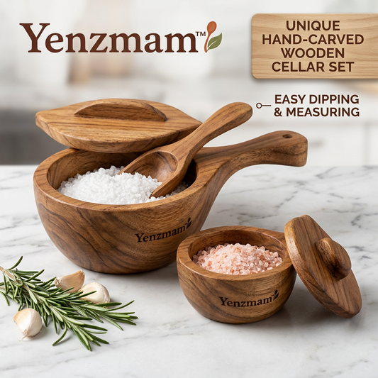 Yenzmam™ Hand-Carved Wooden Salt Cellar Set with Spoon & Lid