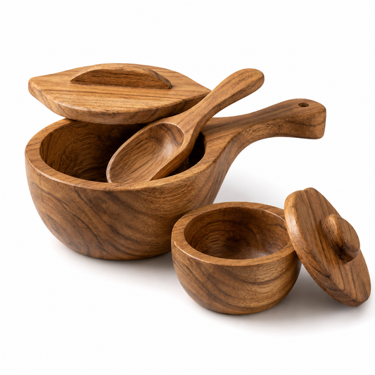 Yenzmam™ Hand-Carved Wooden Salt Cellar Set with Spoon & Lid