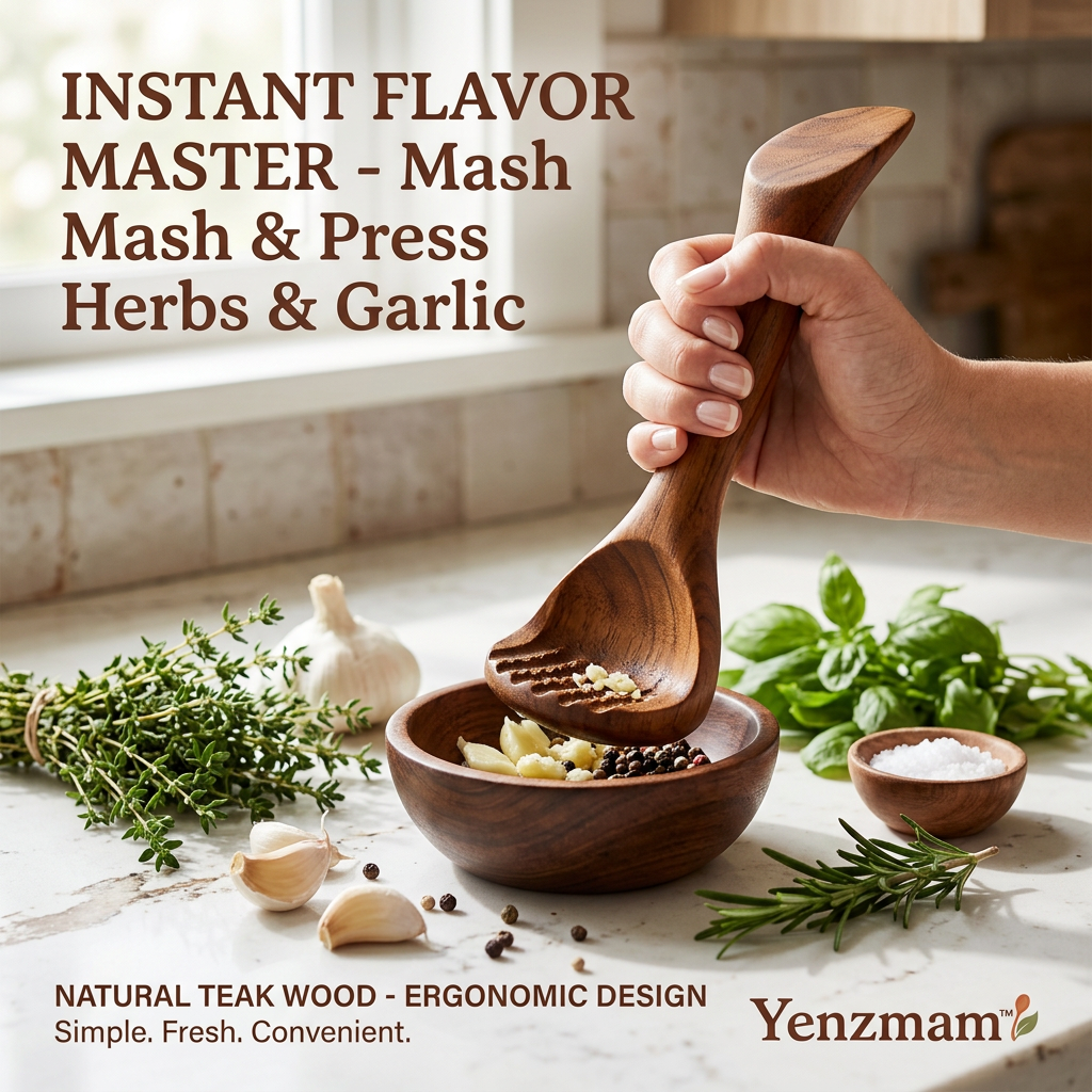 Yenzmam™ Natural Teak Wood Herb & Garlic Masher Spoon