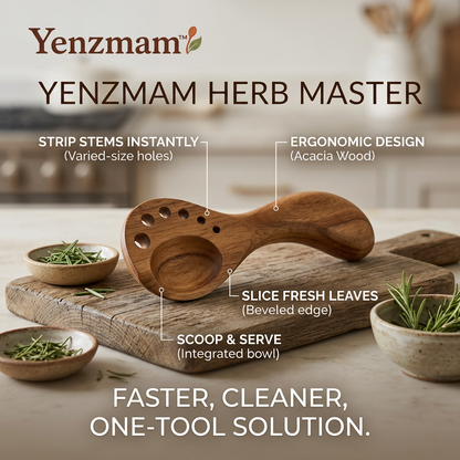 Yenzmam™ Herb Master Acacia Wood Herb Stripper, Leaf Slicer & Serving Scoop