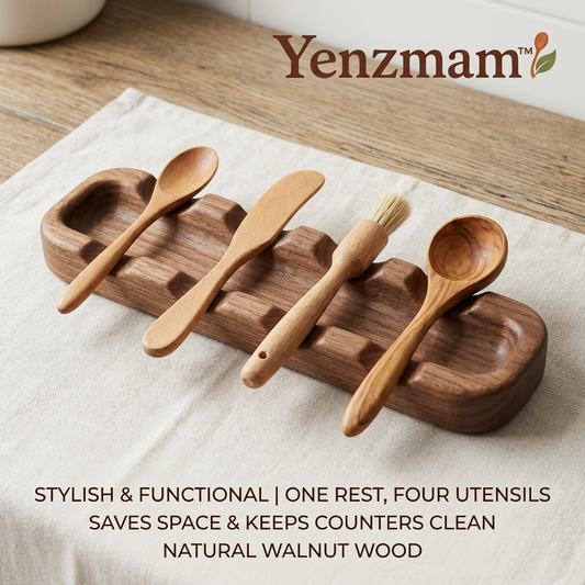Yenzmam™ Natural Walnut Wood 4-Slot Utensil Rest for Kitchen Counter*